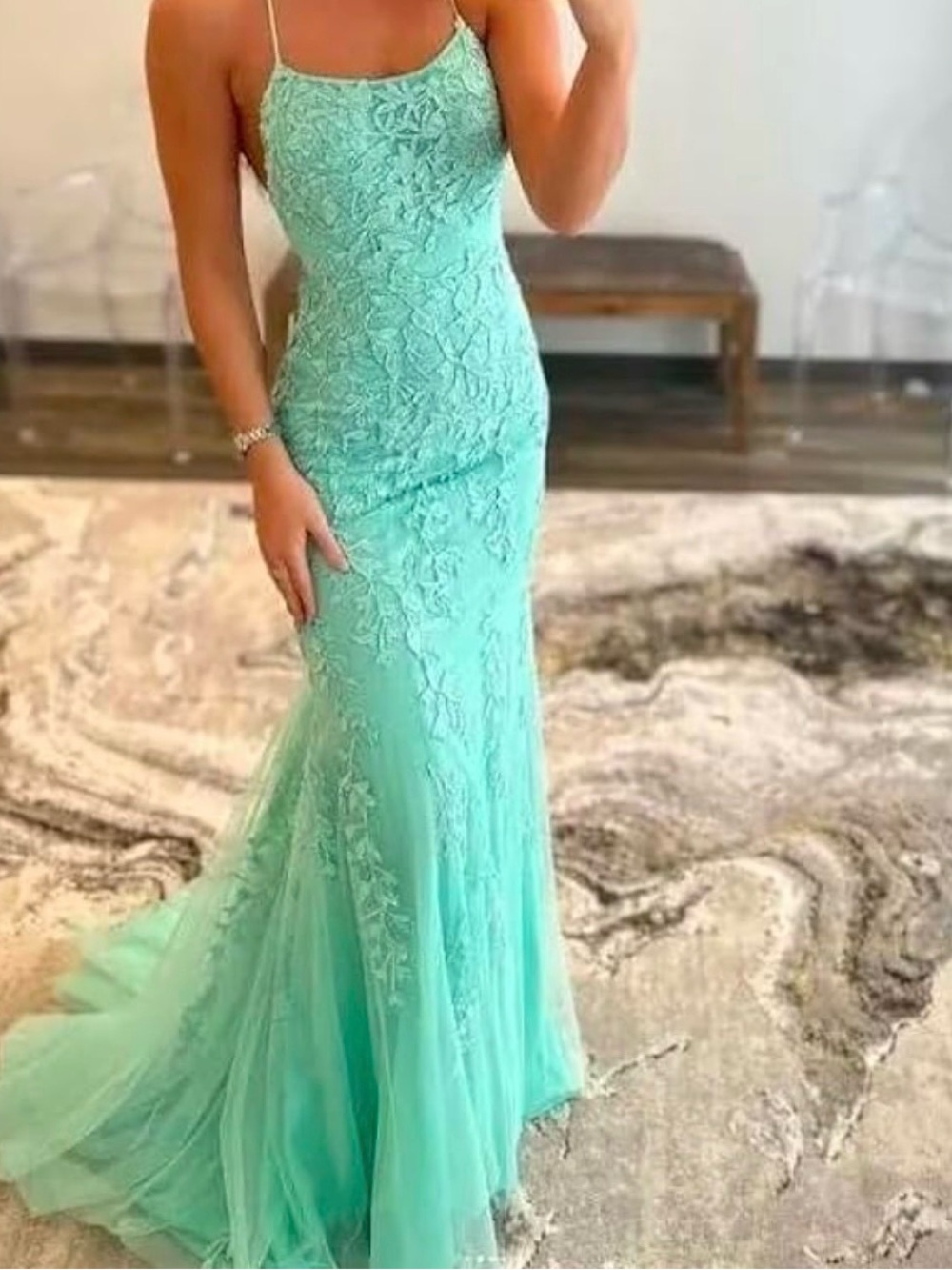 Mint Green Lace Mermaid Prom Dress with Spaghetti Straps
